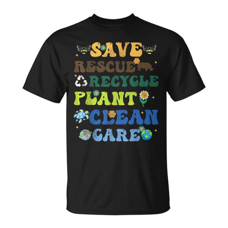 Retro Earth Day Save Bees Rescue Animals Recycle Plastics T-Shirt