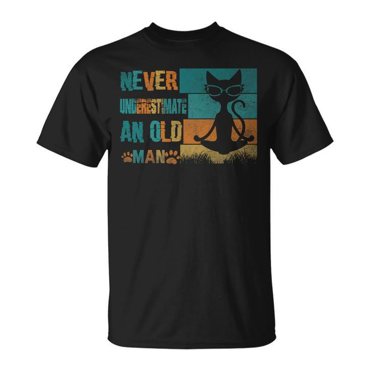 Retro Cat Meditation Never Underestimate An Old Man T-Shirt