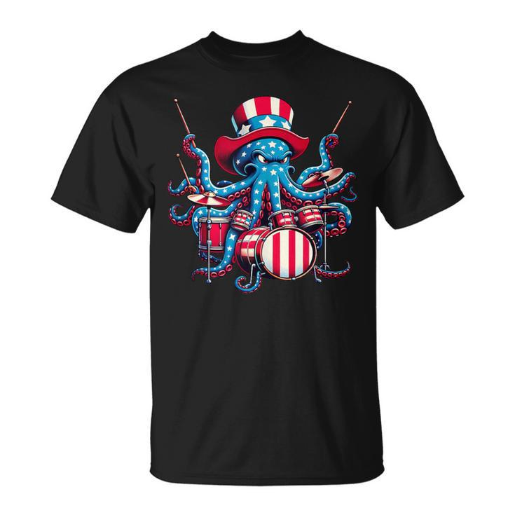 Retro Octopus Playing Drums Retro Musician Drumming Band T-Shirt