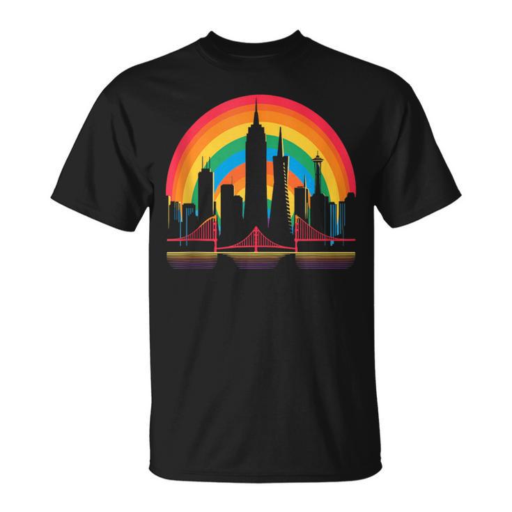 Retro San Francisco Skyline Rainbow Lgbt Lesbian Gay Pride T-Shirt