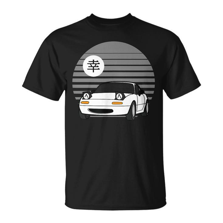 Schwarzes T-Shirt mit japanischem Sonnenuntergang und Sportwagen