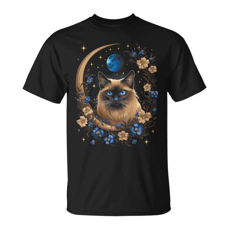 Siamese Cat Moon Surrounded By Flowers T-Shirt