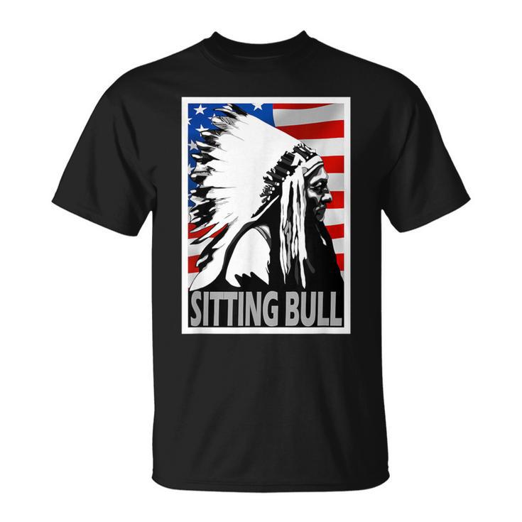 Sitting Bull Chief American Flag Poster Style T-Shirt