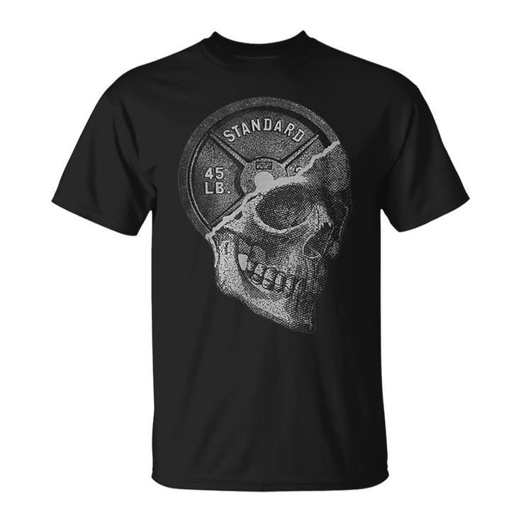 Skull & 45 Lbs Plate Weight Lifting Graphic Gym Working Out T-Shirt