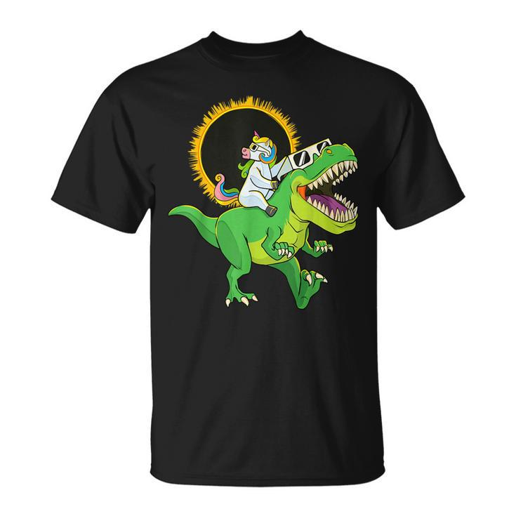 Solar Eclipse 2024 Unicorn Riding T-Rex Dinosaur Boys T-Shirt