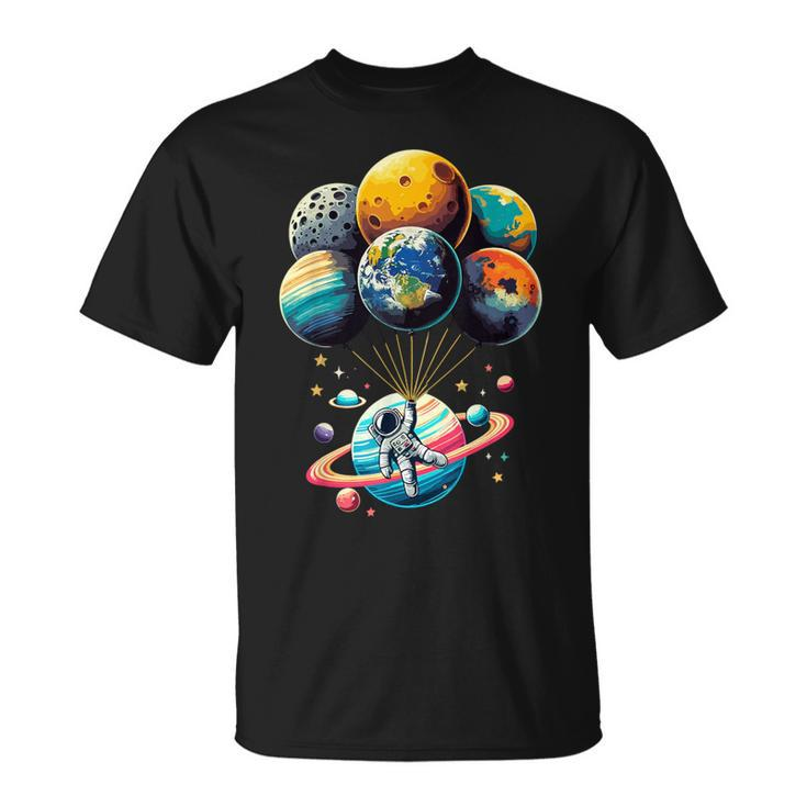 Solar System Astronaut Holding Planet Balloons Space T-Shirt