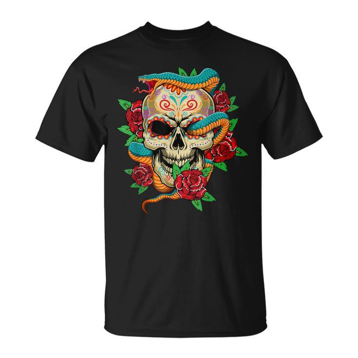 Sugar Skull Day Of Dead Cool Bone Head Skulls Snake Rose T-Shirt