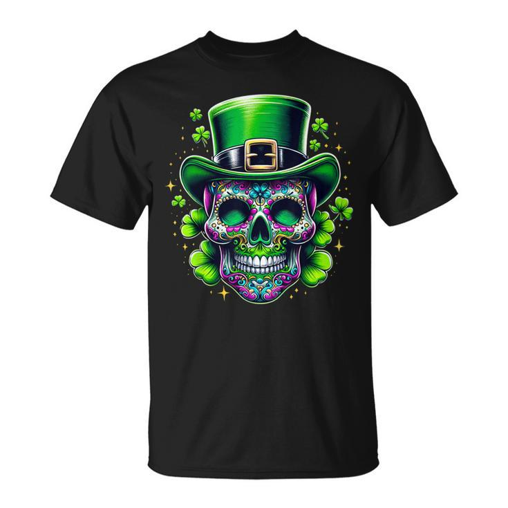Sugar Skull Wearing Irish Leprechaun Hat St Patrick's Day T-Shirt