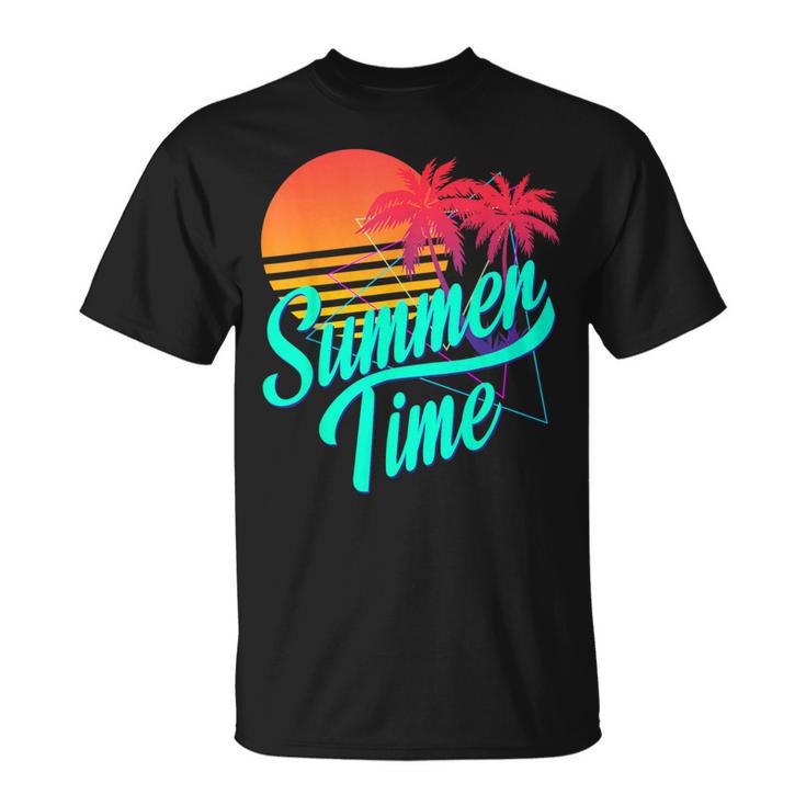 Summer Time Retro 80S Beach Scene With Palm Trees & Sunset T-Shirt