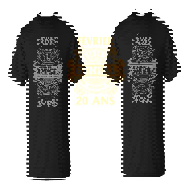 T-shirt Noir Février Génial 20 Ans Design Vintage Doré