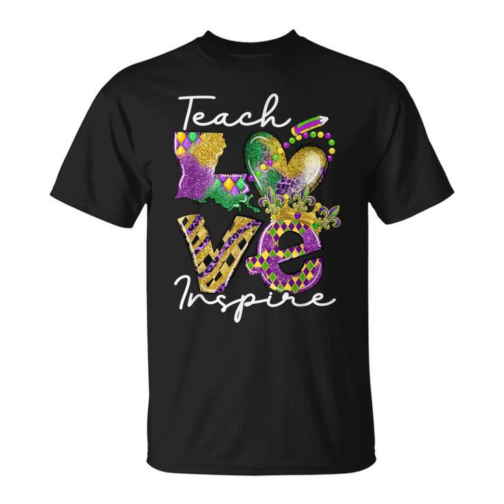 Teacher Mardi Gras Teach Love Inspire Carnival Beads Leopard T-Shirt