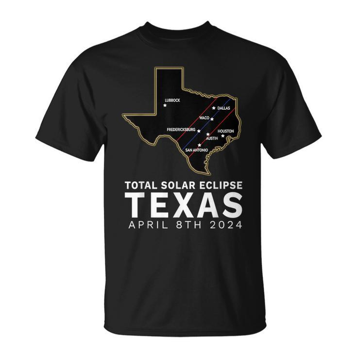Texas Total Solar Eclipse 2024 Path Of Totality Texas Map T-Shirt