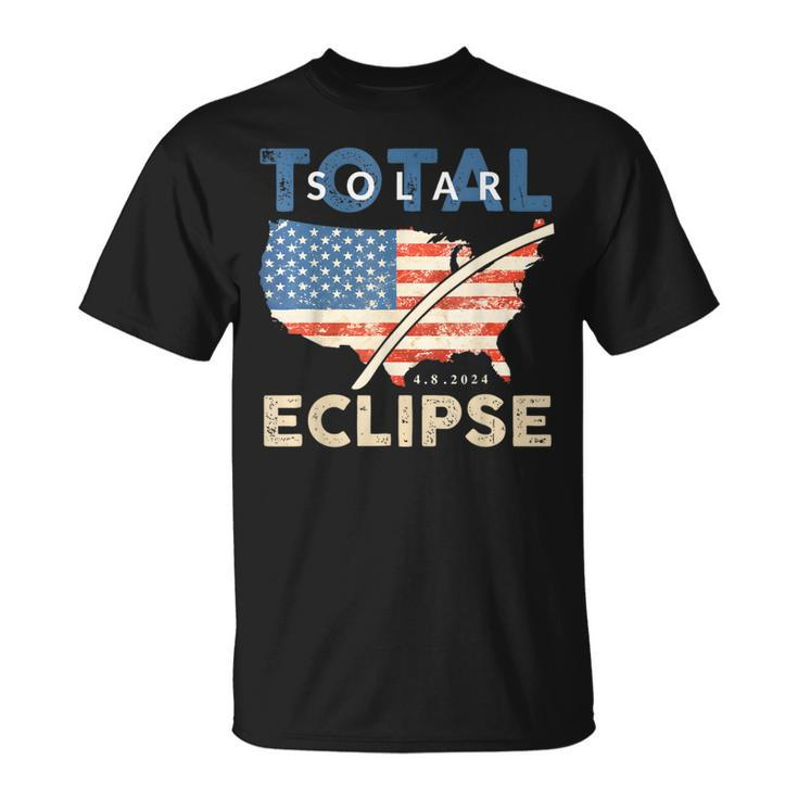 Total Solar Eclipse 04 08 2024 Path Of Totality Map Usa Flag T-Shirt