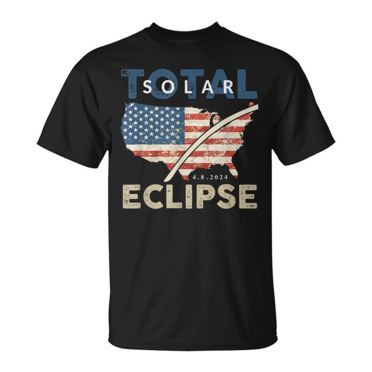 Total Solar Eclipse 0408 2024 Path Of Totality Map Usa Flag T-Shirt