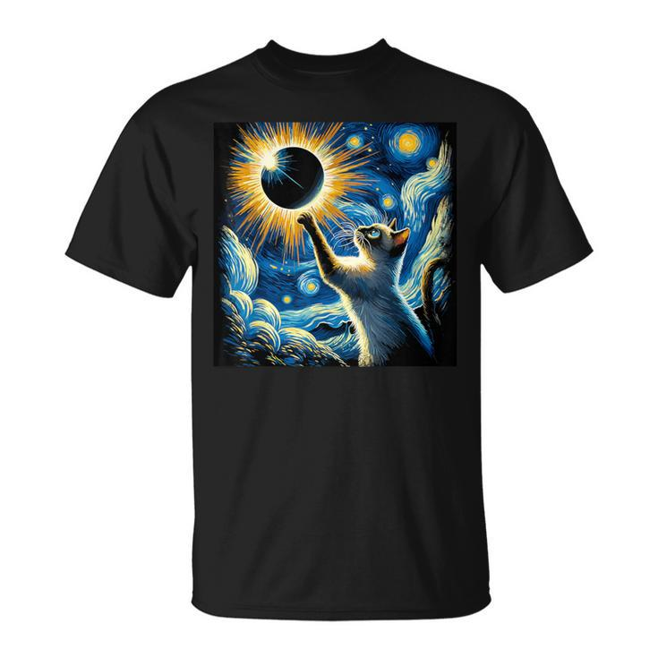 Total Solar Eclipse 2024 Van Gogh Starry Night Siamese Cat T-Shirt