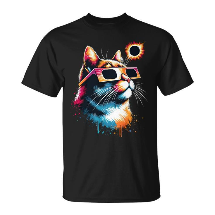 Total Solar Eclipse Cat 2024 Colorful With Eclipse Glasses T-Shirt