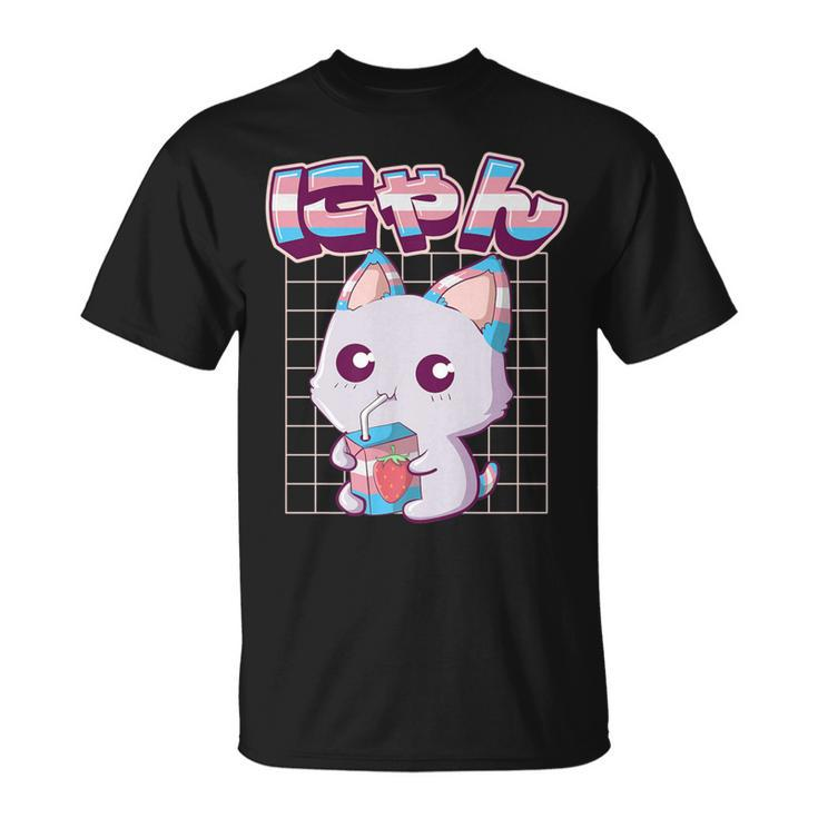 Transgender Pride Kawaii Cat Strawberry Milk Trans Flag T-Shirt