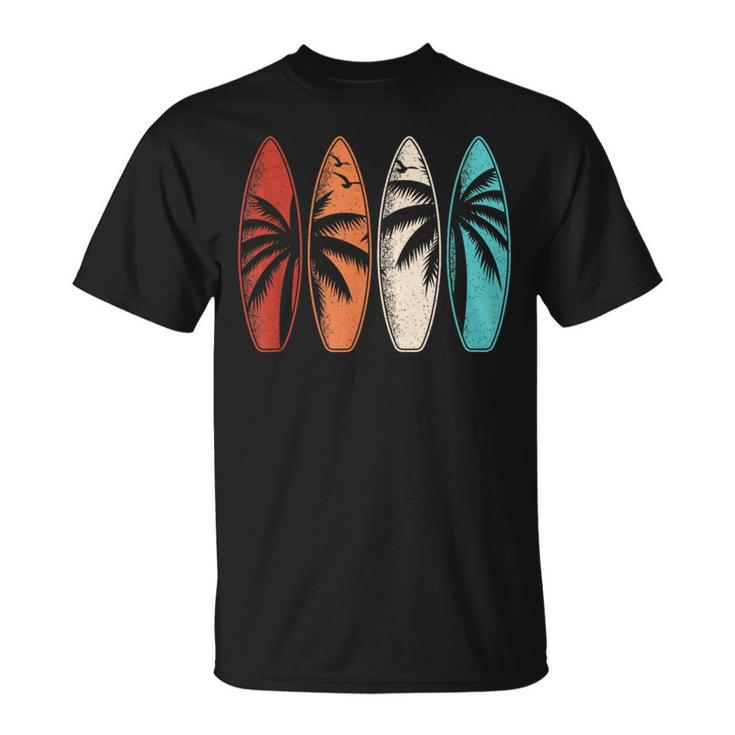 Tropical Hawaii Palm Tree Surfing Beach Surfboard Retro Surf T-Shirt