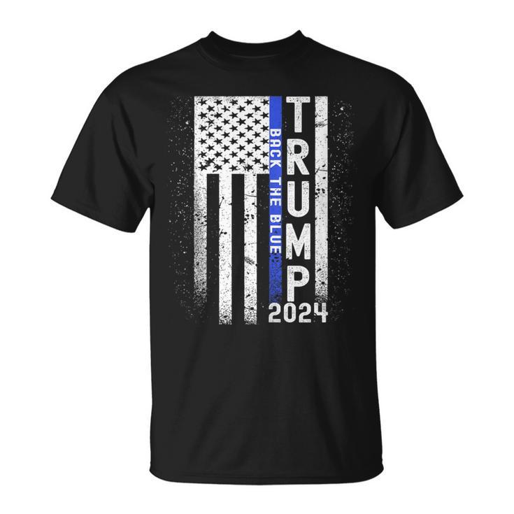 Trump 2024 Back The Blue American Flag Blue Line 4Th Of July T-Shirt