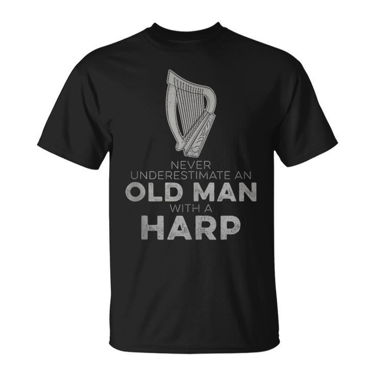 Never Underestimate An Old Man With A Harp Vintage Novelty T-Shirt