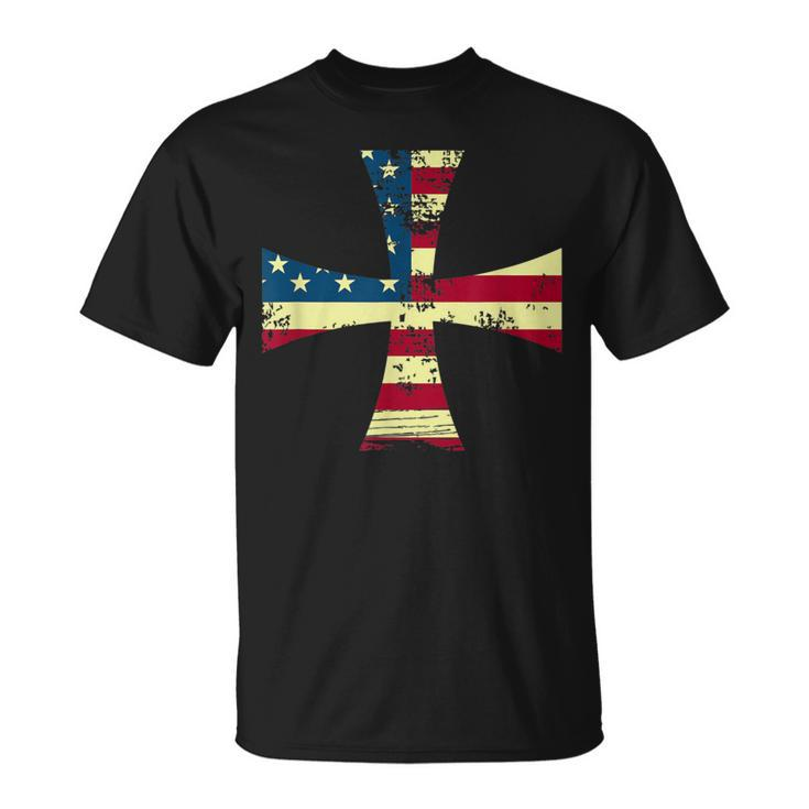 Usa Flag Knights Templar Maltese Cross Silhouette T-Shirt