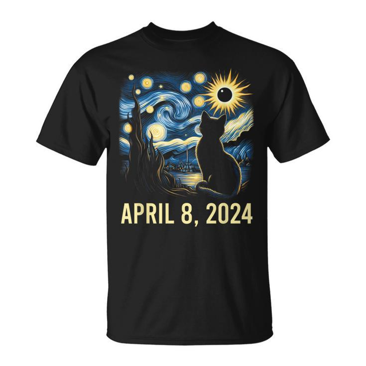 Van Gogh Starry Night Cat Total Solar Eclipse April 8 2024 T-Shirt