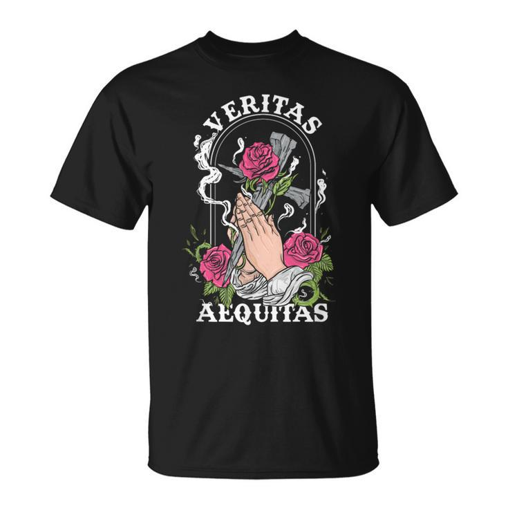 Veritas Aequitas Cross Roses Praying Hands Pray God T-Shirt