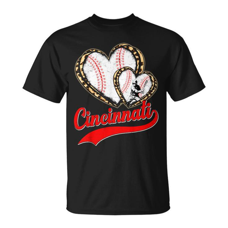 Vintage Cincinnati Baseball Leopard Heart Baseball Fans T-Shirt