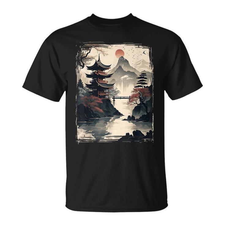 Vintage Japanese Flower Mountain View Landscape Graphic T-Shirt
