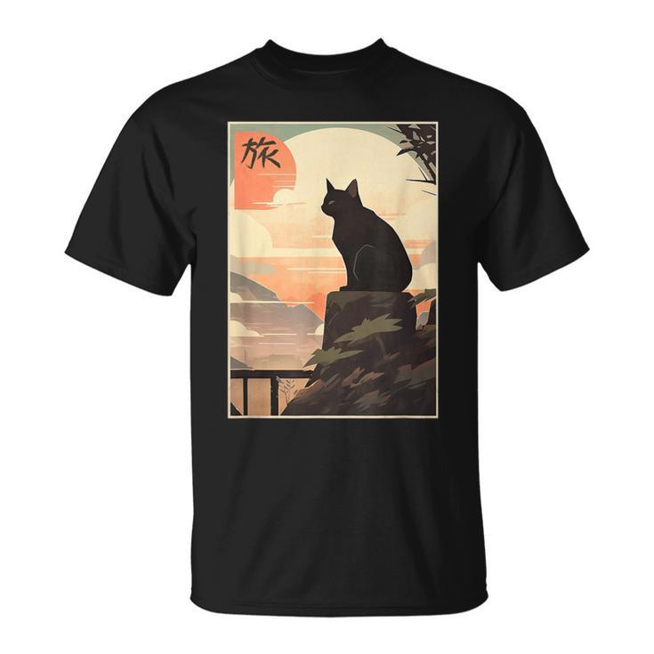 Vintage Japanese Scenery Kanji Writing Journey Black Cat T-Shirt