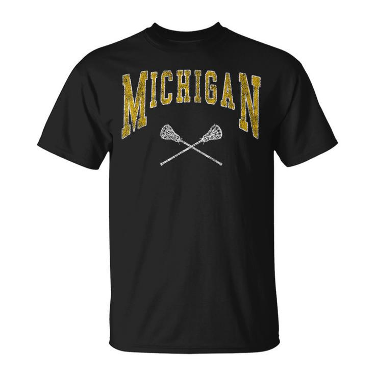 Vintage Michigan Lacrosse Distressed Lax Player Michigan Fan T-Shirt
