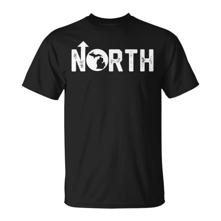 Vintage Up North Michigan Distressed Text State Map T-Shirt