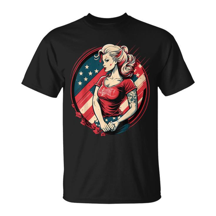 Vintage Tattoo Pin-Up Flag Rebellious Playful American T-Shirt