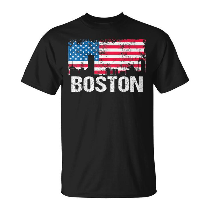 Vintage Us Flag American City Skyline Boston Massachusetts T-Shirt