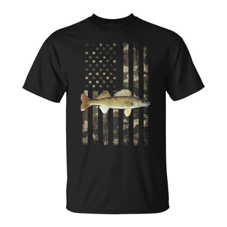 Walleye Camo American Flag Fishing Walleye T-Shirt - Monsterry