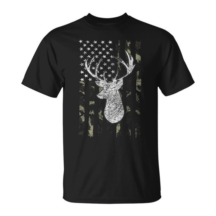 Whitetail Buck Deer Hunting American Camouflage Usa Flag T-Shirt
