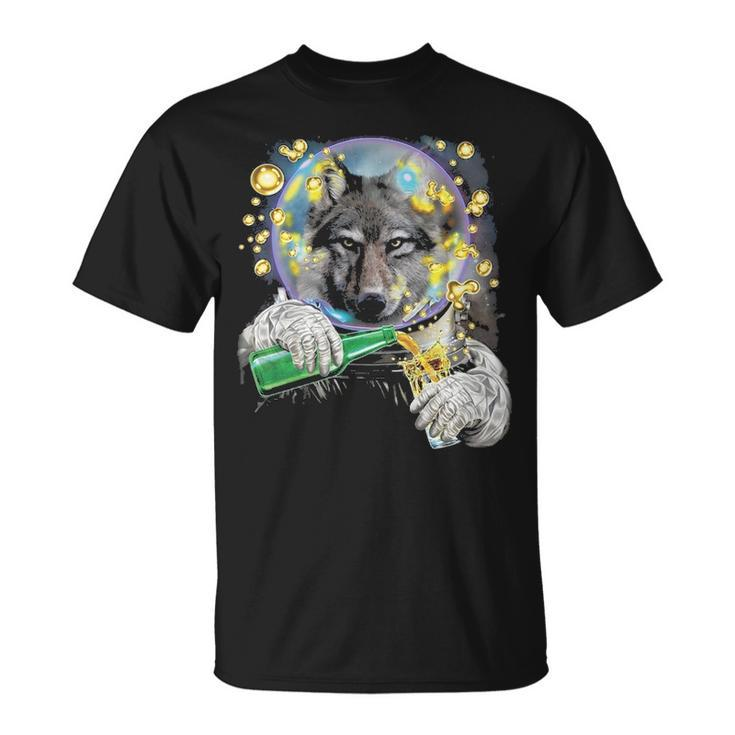 Wolf As Astronaut In Space Enjoying Drink T-Shirt
