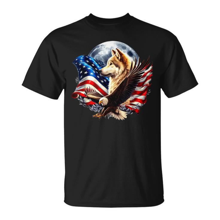 Wolf Bald Eagle American Flag Full Moon New Years Wolf Lover T-Shirt