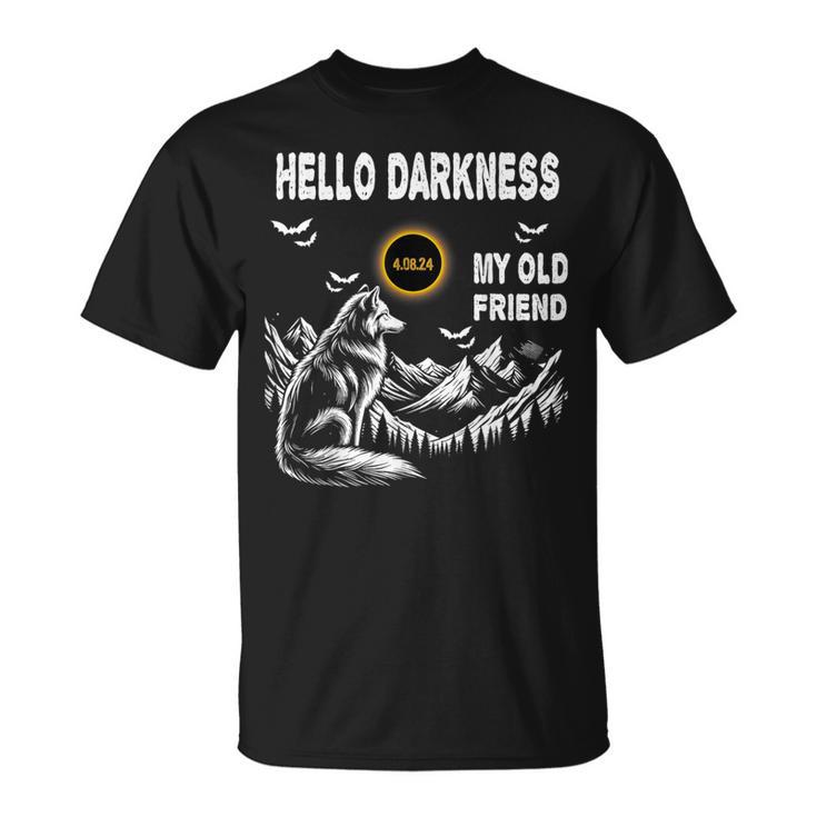 Wolf Hello Darkness My Old Friend Solar Eclipse April 8 2024 T-Shirt