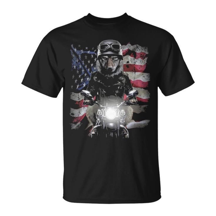 Wolf Motorbike With Flag Of Usa T-Shirt