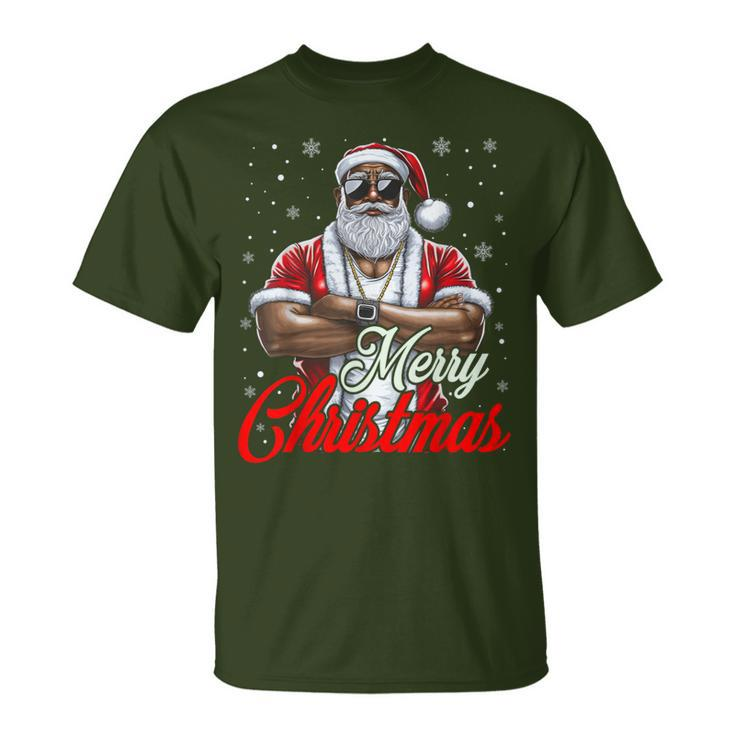 African American Santa Christmas Pajama Cool Black T-Shirt