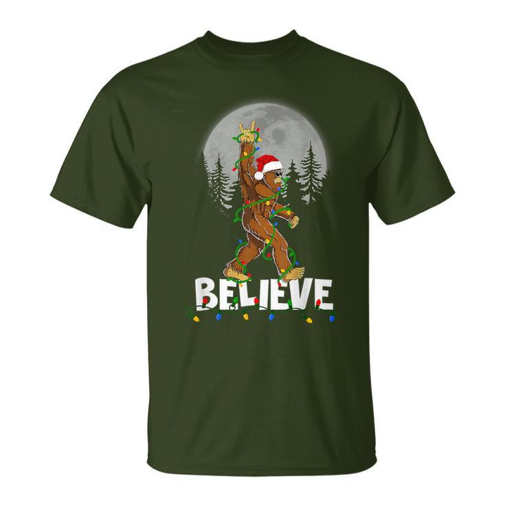 Bigfoot Rock Roll Sasquatch Christmas Pajama Believe T-Shirt