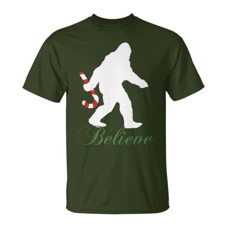 Bigfoot Sasquatch Yeti Believe Candy Cane Christmas Pajamas T-Shirt
