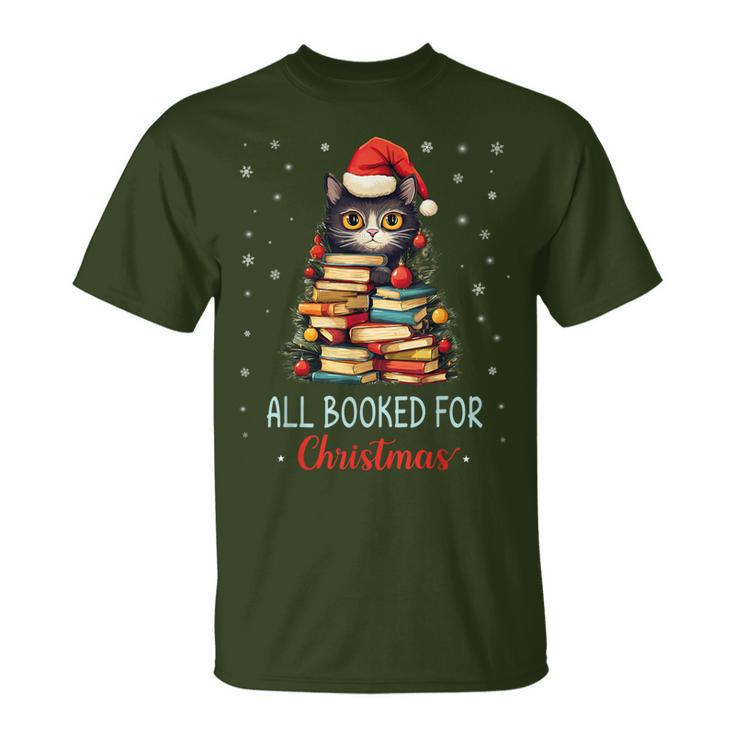 All Booked For Christmas Black Cat Santa Christmas Book Tree T-Shirt