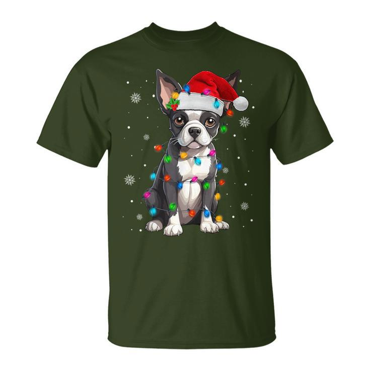 Boston Terrier Christmas Santa Hat Tree Lights Pajama T-Shirt