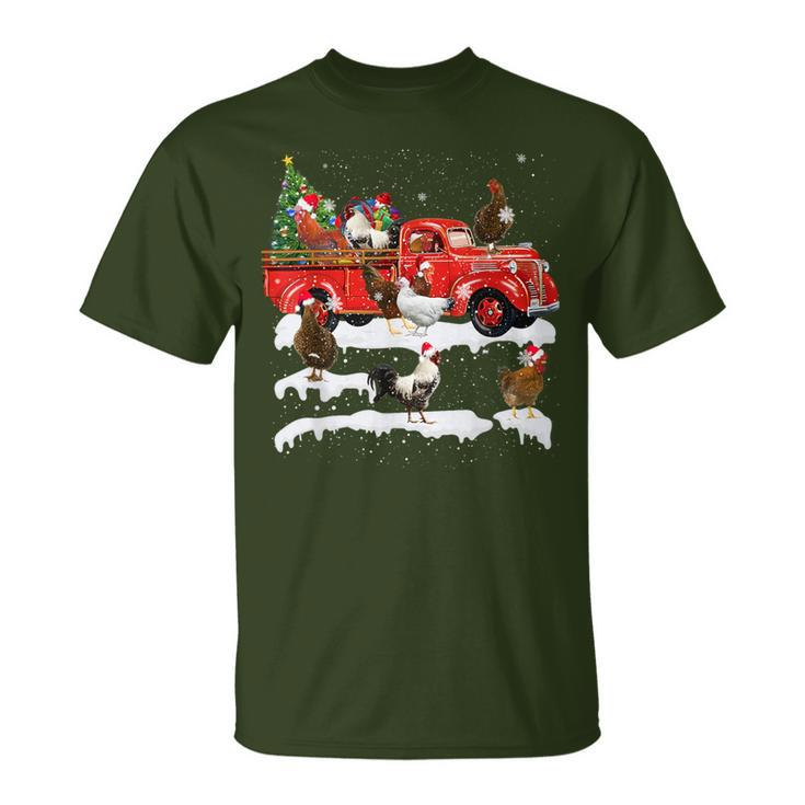 Chicken Riding Red Truck Merry Christmas Farmer X-Mas Ugly T-Shirt