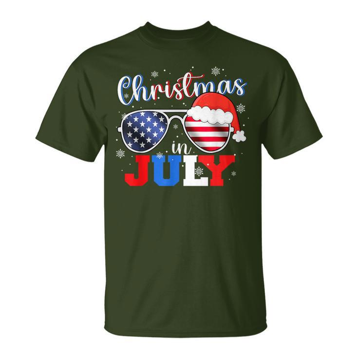 Christmas In July Santa Hat Sunglasses Usa Flag 4Th Of July T-Shirt