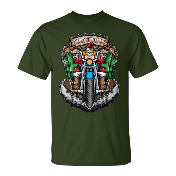 Christmas Motorcycle Santa Skull Santa Bike Rider T-Shirt