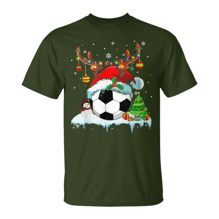 Christmas Soccer Player Lights Ball Santa Hat Xmas Pajama T-Shirt