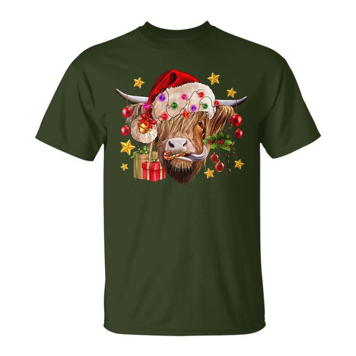 Cow Christmas Santa Hat Lights Christmas Tree Christmas Cow T-Shirt